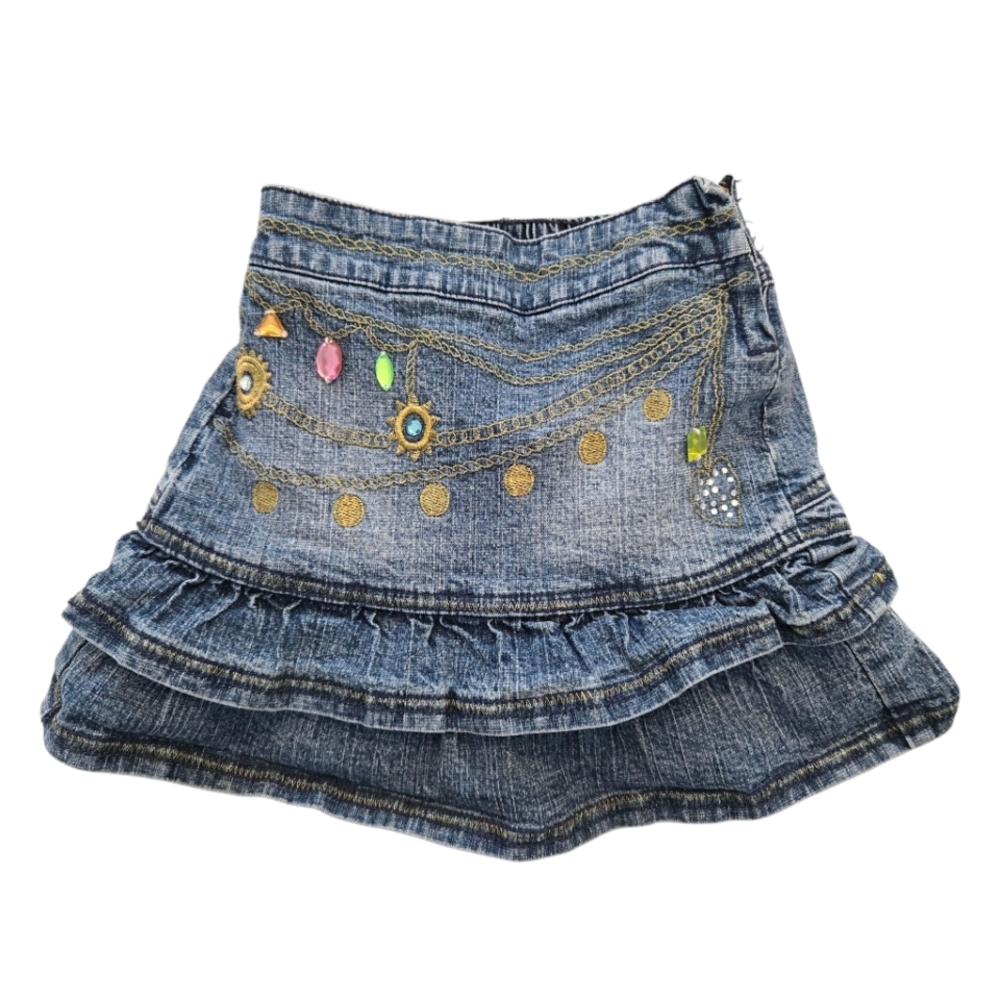 Vintage Y2k Zana-Di Embellished Gold Gemstone Denim Skirt with Colorful Accents